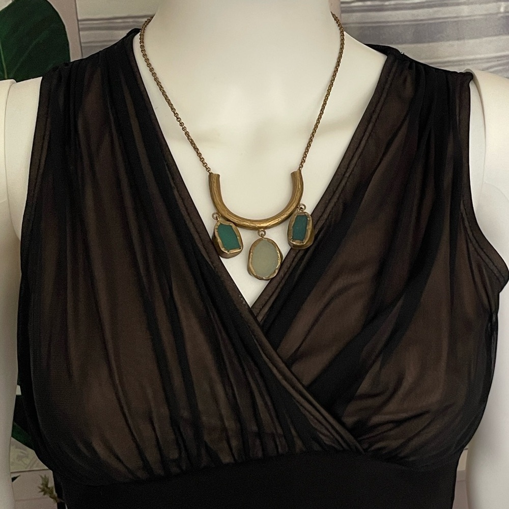 Peruvian Connection Brass U Bar With 3 Blue & Green Semi Stones Necklace. P3